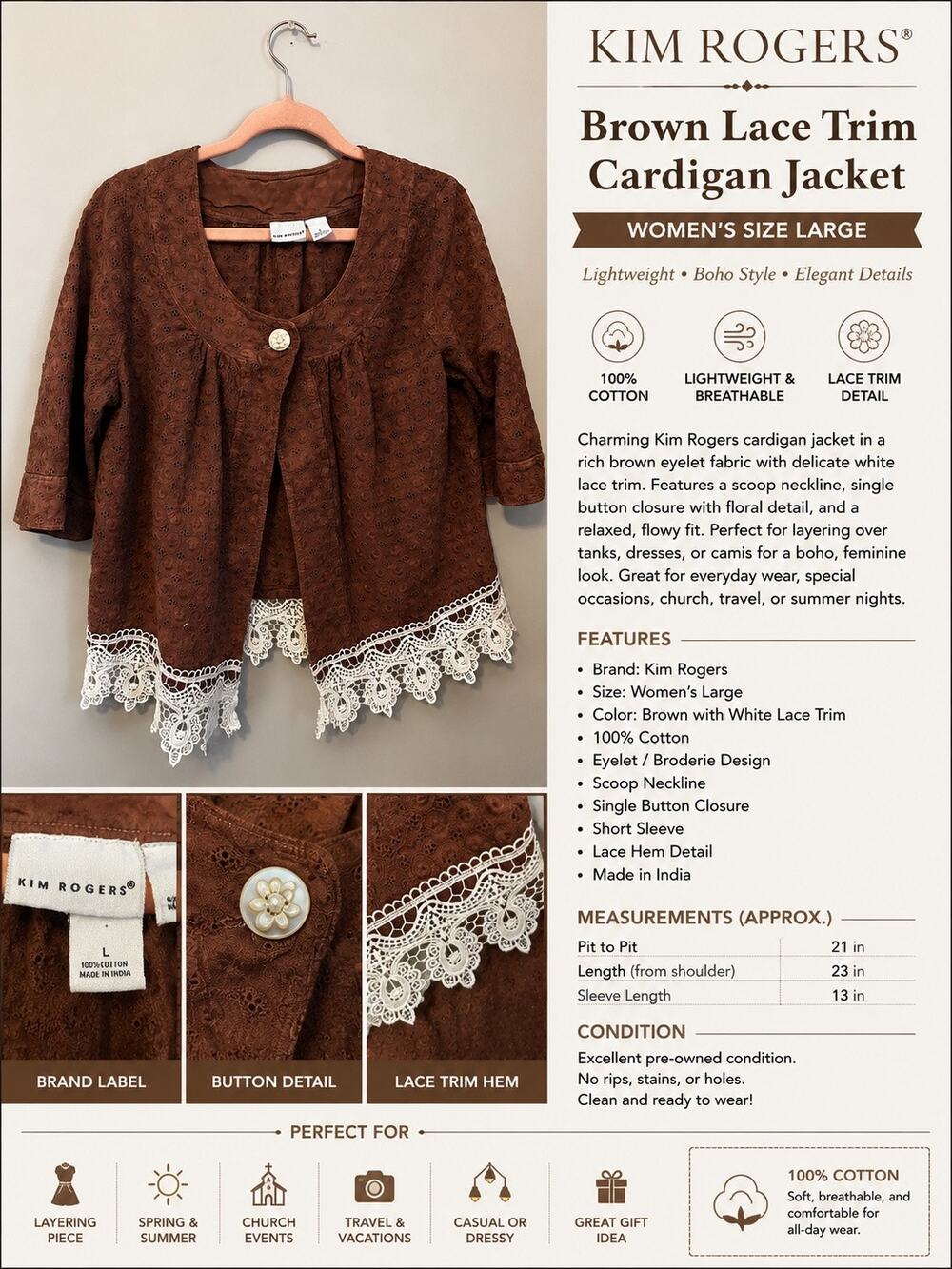 Kim Rogers Brown Eyelet Lace Trim Cardigan Jacket 100% Cotton Size L